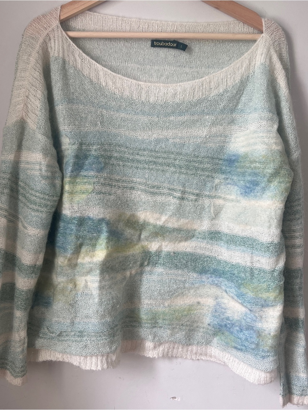 Troubadour Women's Scoop Neck Sweater in Pale Blue & Cream Drop Shoulder Anthro